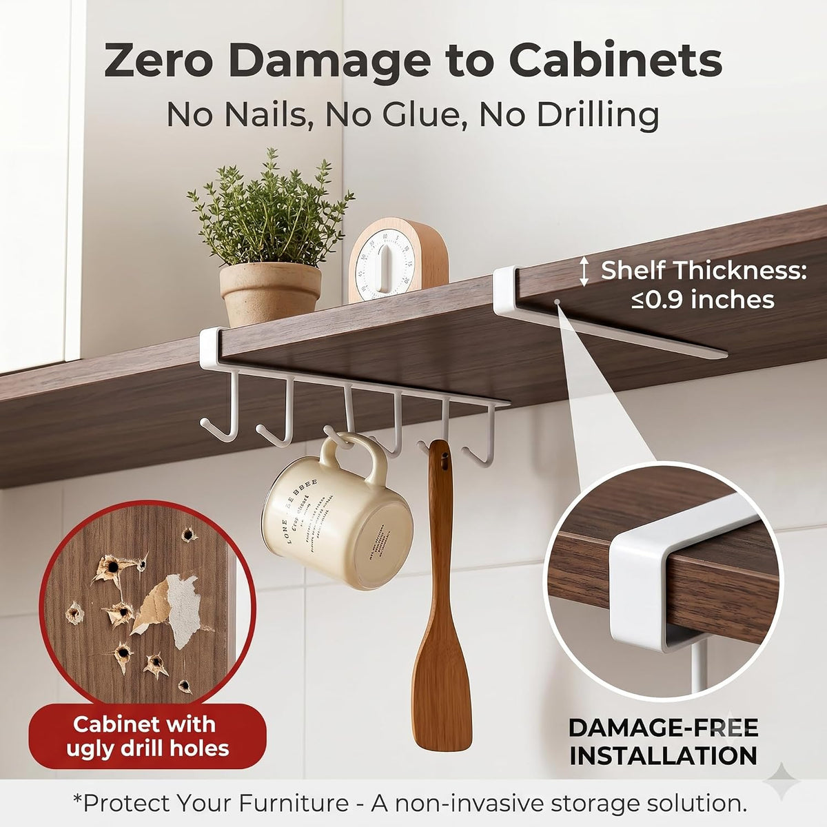 Kitchen Utensil Hanger with 6 Hooks, No Drill Under Cabinet Hooks for Measuring Cup Organizer, Iron Utensil Hanger, Camper Storage and Space Saving Rack for Spatula and Mug