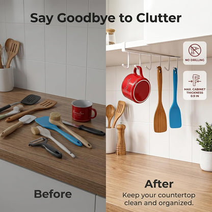 Kitchen Utensil Hanger with 6 Hooks, No Drill Under Cabinet Hooks for Measuring Cup Organizer, Iron Utensil Hanger, Camper Storage and Space Saving Rack for Spatula and Mug