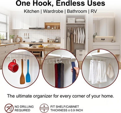 Kitchen Utensil Hanger with 6 Hooks, No Drill Under Cabinet Hooks for Measuring Cup Organizer, Iron Utensil Hanger, Camper Storage and Space Saving Rack for Spatula and Mug