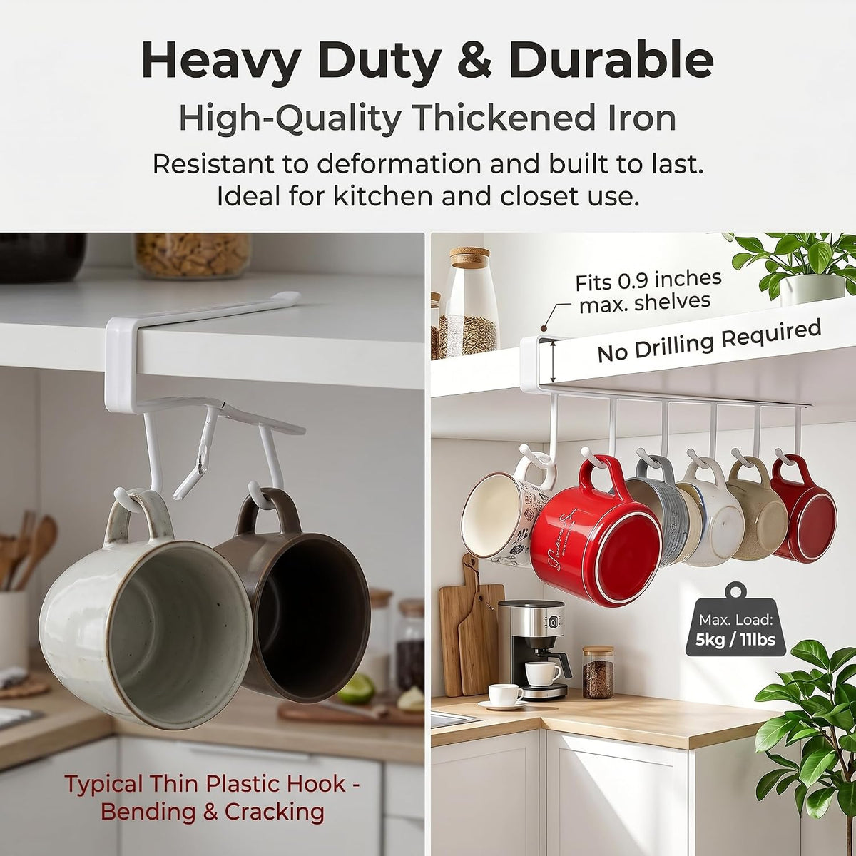 Kitchen Utensil Hanger with 6 Hooks, No Drill Under Cabinet Hooks for Measuring Cup Organizer, Iron Utensil Hanger, Camper Storage and Space Saving Rack for Spatula and Mug