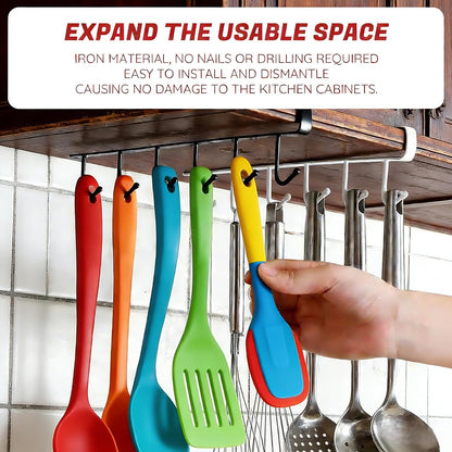Kitchen Utensil Hanger with 6 Hooks, No Drill Under Cabinet Hooks for Measuring Cup Organizer, Iron Utensil Hanger, Camper Storage and Space Saving Rack for Spatula and Mug