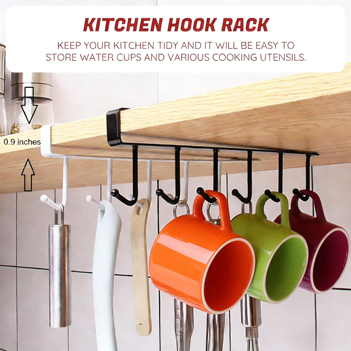 Kitchen Utensil Hanger with 6 Hooks, No Drill Under Cabinet Hooks for Measuring Cup Organizer, Iron Utensil Hanger, Camper Storage and Space Saving Rack for Spatula and Mug