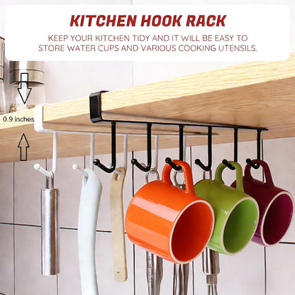 Kitchen Utensil Hanger with 6 Hooks, No Drill Under Cabinet Hooks for Measuring Cup Organizer, Iron Utensil Hanger, Camper Storage and Space Saving Rack for Spatula and Mug