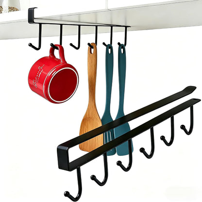Kitchen Utensil Hanger with 6 Hooks, No Drill Under Cabinet Hooks for Measuring Cup Organizer, Iron Utensil Hanger, Camper Storage and Space Saving Rack for Spatula and Mug