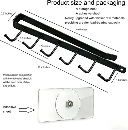 Kitchen Utensil Hanger with 6 Hooks, No Drill Under Cabinet Hooks for Measuring Cup Organizer, Iron Utensil Hanger, Camper Storage and Space Saving Rack for Spatula and Mug