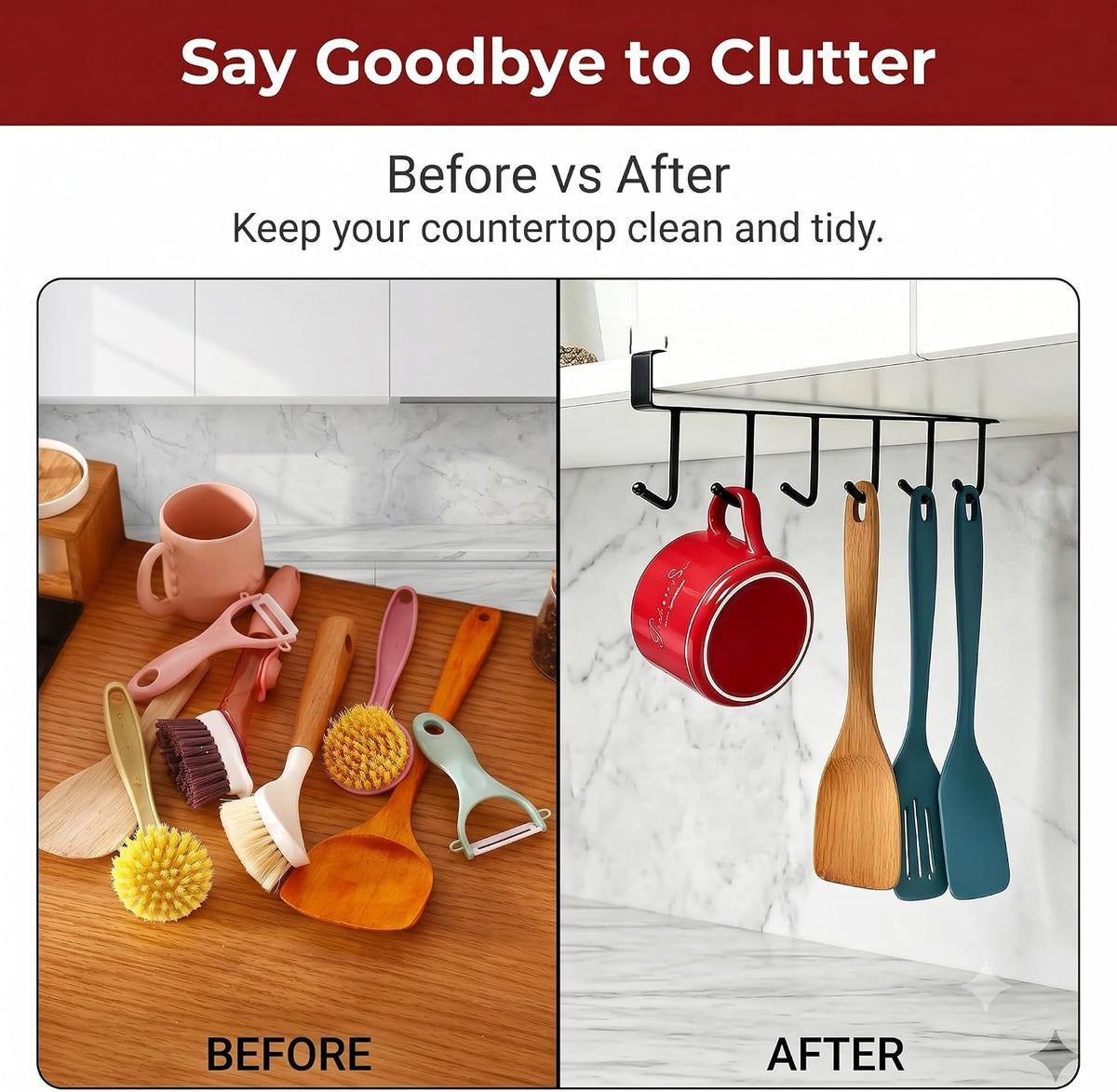 Kitchen Utensil Hanger with 6 Hooks, No Drill Under Cabinet Hooks for Measuring Cup Organizer, Iron Utensil Hanger, Camper Storage and Space Saving Rack for Spatula and Mug