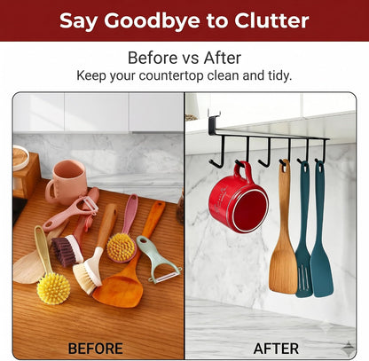 Kitchen Utensil Hanger with 6 Hooks, No Drill Under Cabinet Hooks for Measuring Cup Organizer, Iron Utensil Hanger, Camper Storage and Space Saving Rack for Spatula and Mug