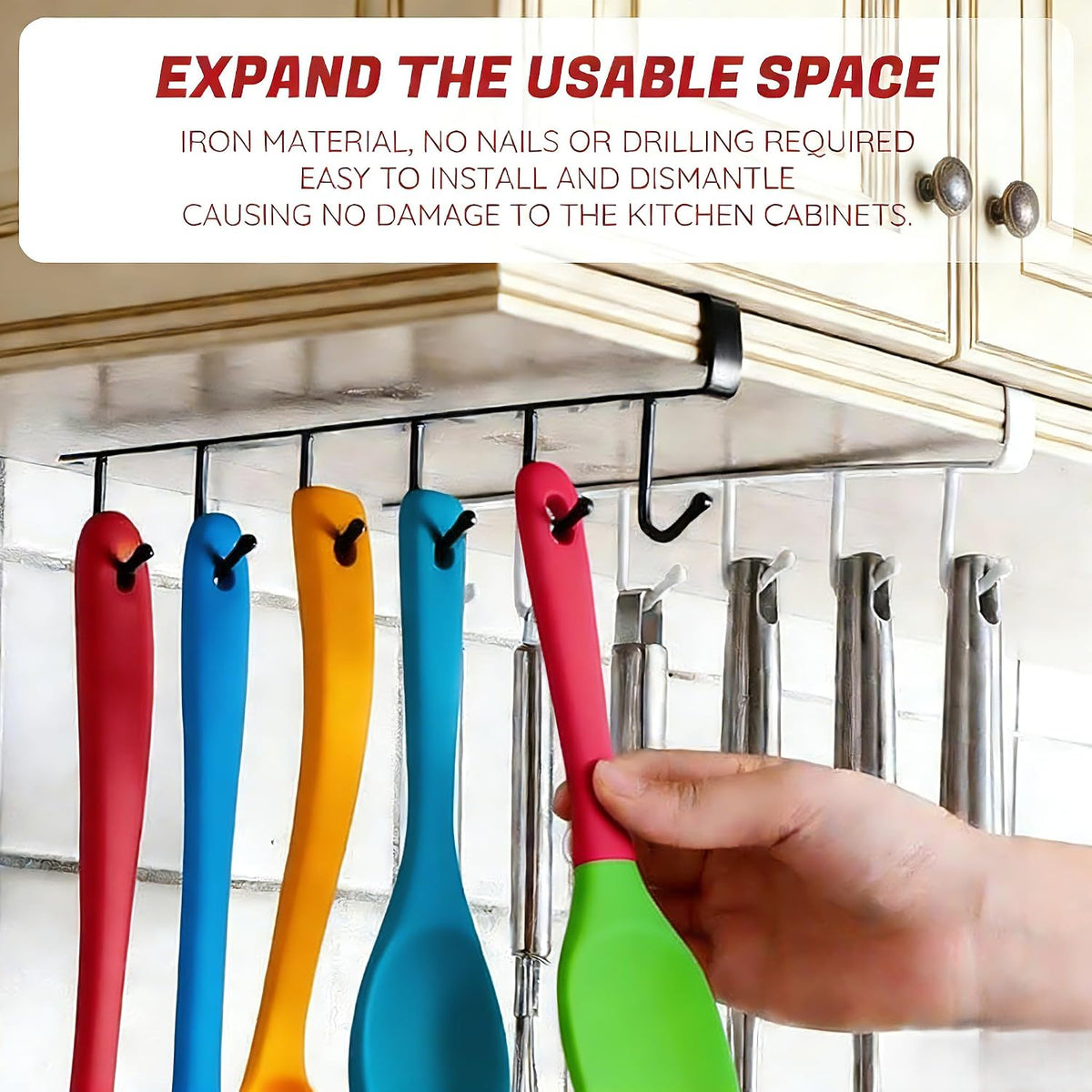 Kitchen Utensil Hanger with 6 Hooks, No Drill Under Cabinet Hooks for Measuring Cup Organizer, Iron Utensil Hanger, Camper Storage and Space Saving Rack for Spatula and Mug