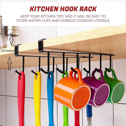 Kitchen Utensil Hanger with 6 Hooks, No Drill Under Cabinet Hooks for Measuring Cup Organizer, Iron Utensil Hanger, Camper Storage and Space Saving Rack for Spatula and Mug