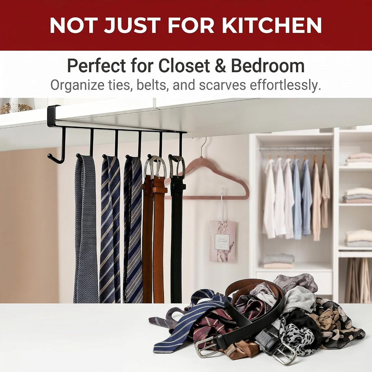 Kitchen Utensil Hanger with 6 Hooks, No Drill Under Cabinet Hooks for Measuring Cup Organizer, Iron Utensil Hanger, Camper Storage and Space Saving Rack for Spatula and Mug
