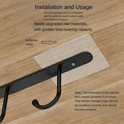 Kitchen Utensil Hanger with 6 Hooks, No Drill Under Cabinet Hooks for Measuring Cup Organizer, Iron Utensil Hanger, Camper Storage and Space Saving Rack for Spatula and Mug