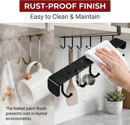 Kitchen Utensil Hanger with 6 Hooks, No Drill Under Cabinet Hooks for Measuring Cup Organizer, Iron Utensil Hanger, Camper Storage and Space Saving Rack for Spatula and Mug