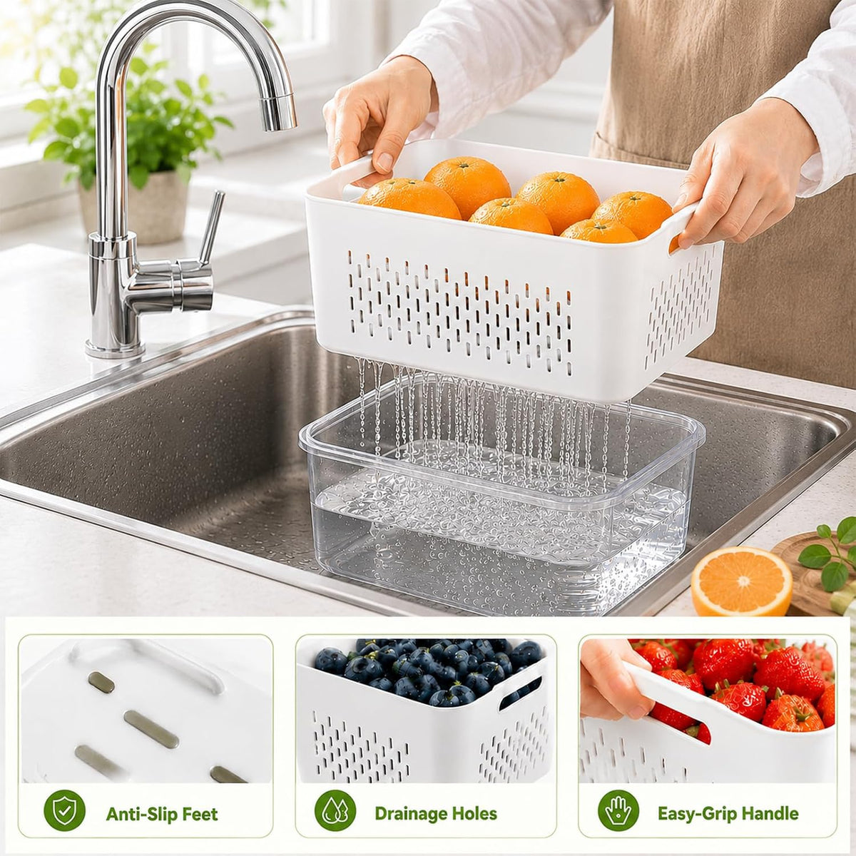 4 Pack Fruit Storage Containers, Airtight Produce Saver for Fridge | Airtight refrigerator storage containers with removable colander and stackable design for berries, fruits and vegetables