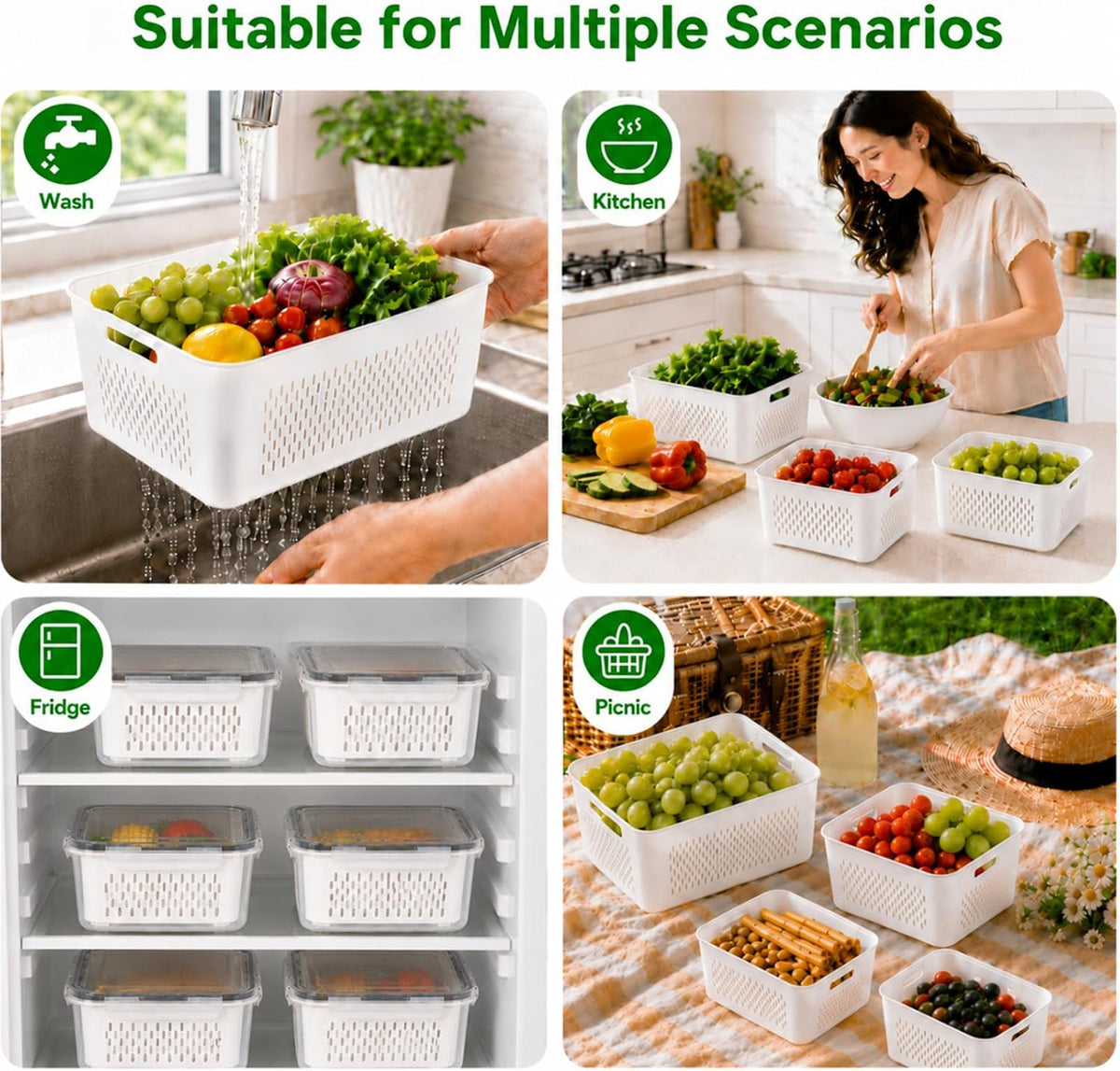 4 Pack Fruit Storage Containers, Airtight Produce Saver for Fridge | Airtight refrigerator storage containers with removable colander and stackable design for berries, fruits and vegetables