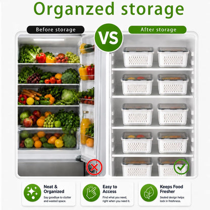 4 Pack Fruit Storage Containers, Airtight Produce Saver for Fridge | Airtight refrigerator storage containers with removable colander and stackable design for berries, fruits and vegetables