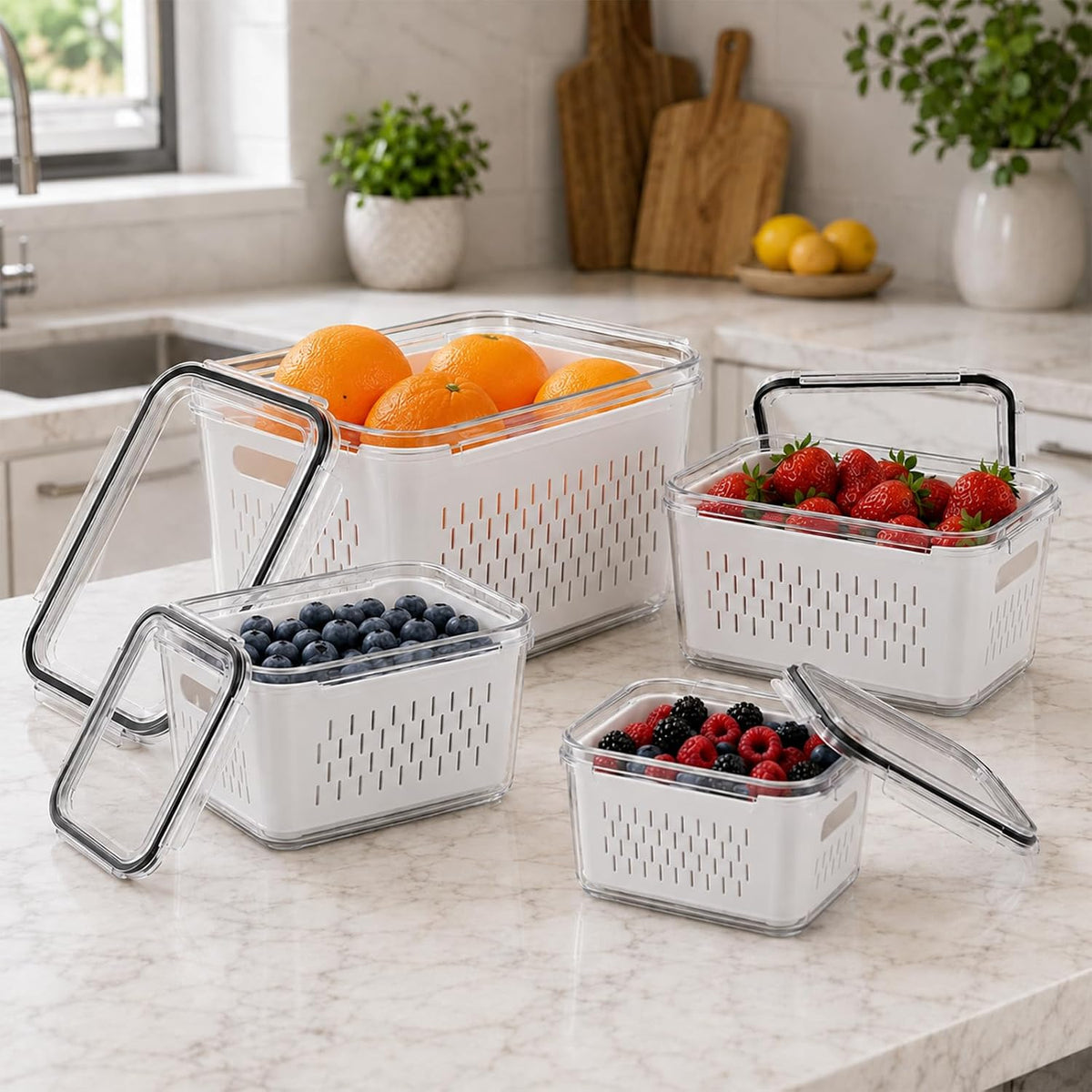 4 Pack Fruit Storage Containers, Airtight Produce Saver for Fridge | Airtight refrigerator storage containers with removable colander and stackable design for berries, fruits and vegetables