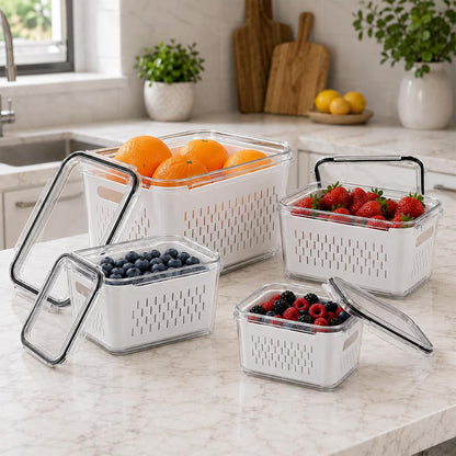 4 Pack Fruit Storage Containers, Airtight Produce Saver for Fridge | Airtight refrigerator storage containers with removable colander and stackable design for berries, fruits and vegetables