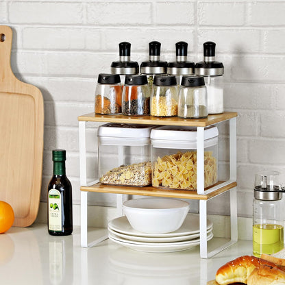 Cabinet Organizer Shelf, Set of 4 Spice Rack, Kitchen Storage | Kitchen Storage, Spice Rack, Steel and Bamboo, White and Yellow, BYSTRO Collection UKCS010N01