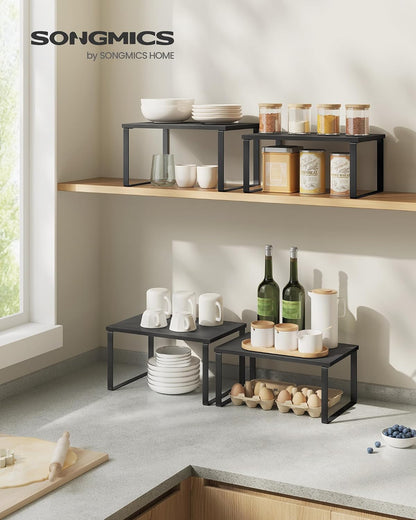 Cabinet Organizer Shelf, Set of 4 Spice Rack, Kitchen Storage | Kitchen Storage, Spice Rack, Steel and Bamboo, White and Yellow, BYSTRO Collection UKCS010N01