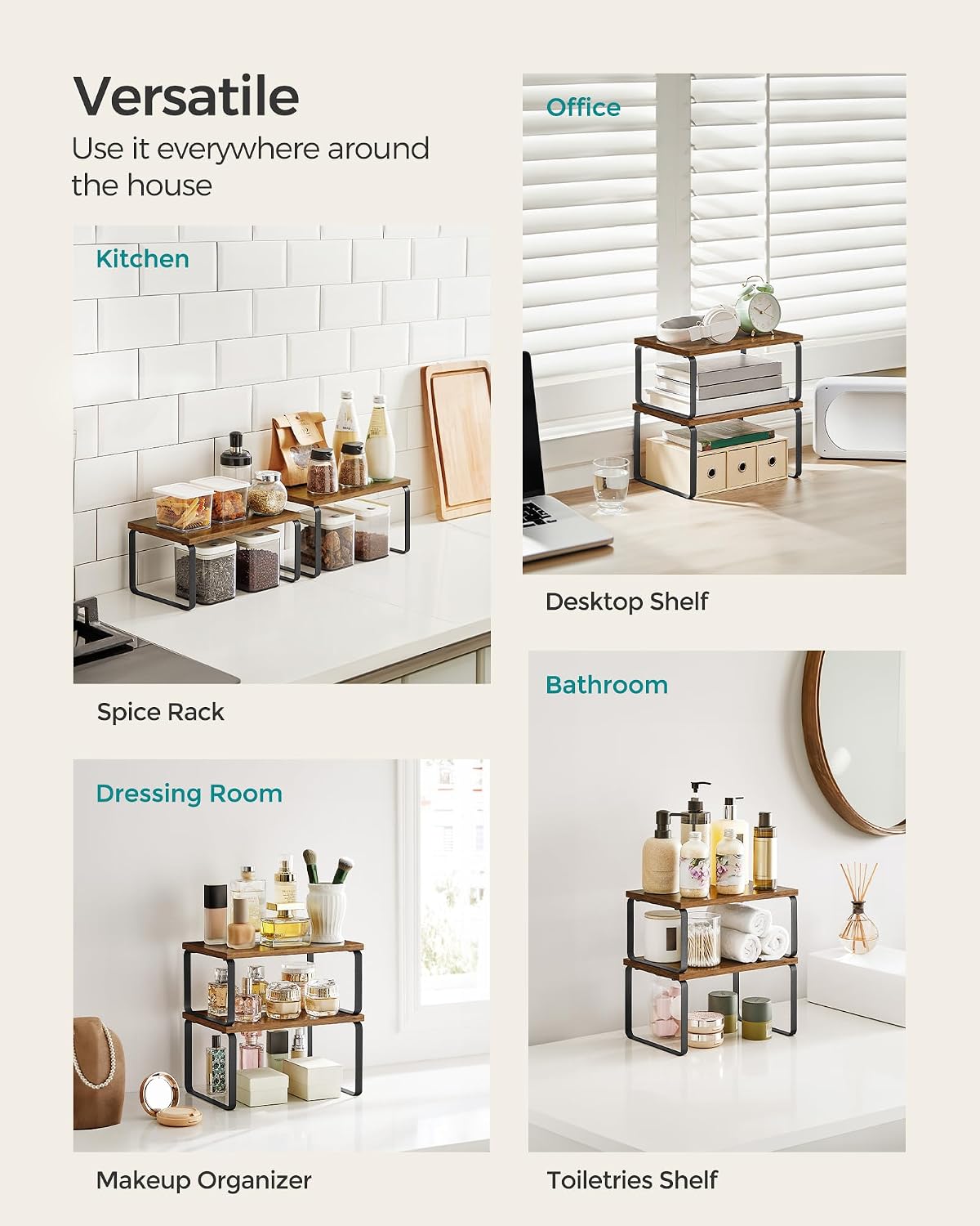 Cabinet Organizer Shelf, Set of 4 Spice Rack, Kitchen Storage | Kitchen Storage, Spice Rack, Steel and Bamboo, White and Yellow, BYSTRO Collection UKCS010N01