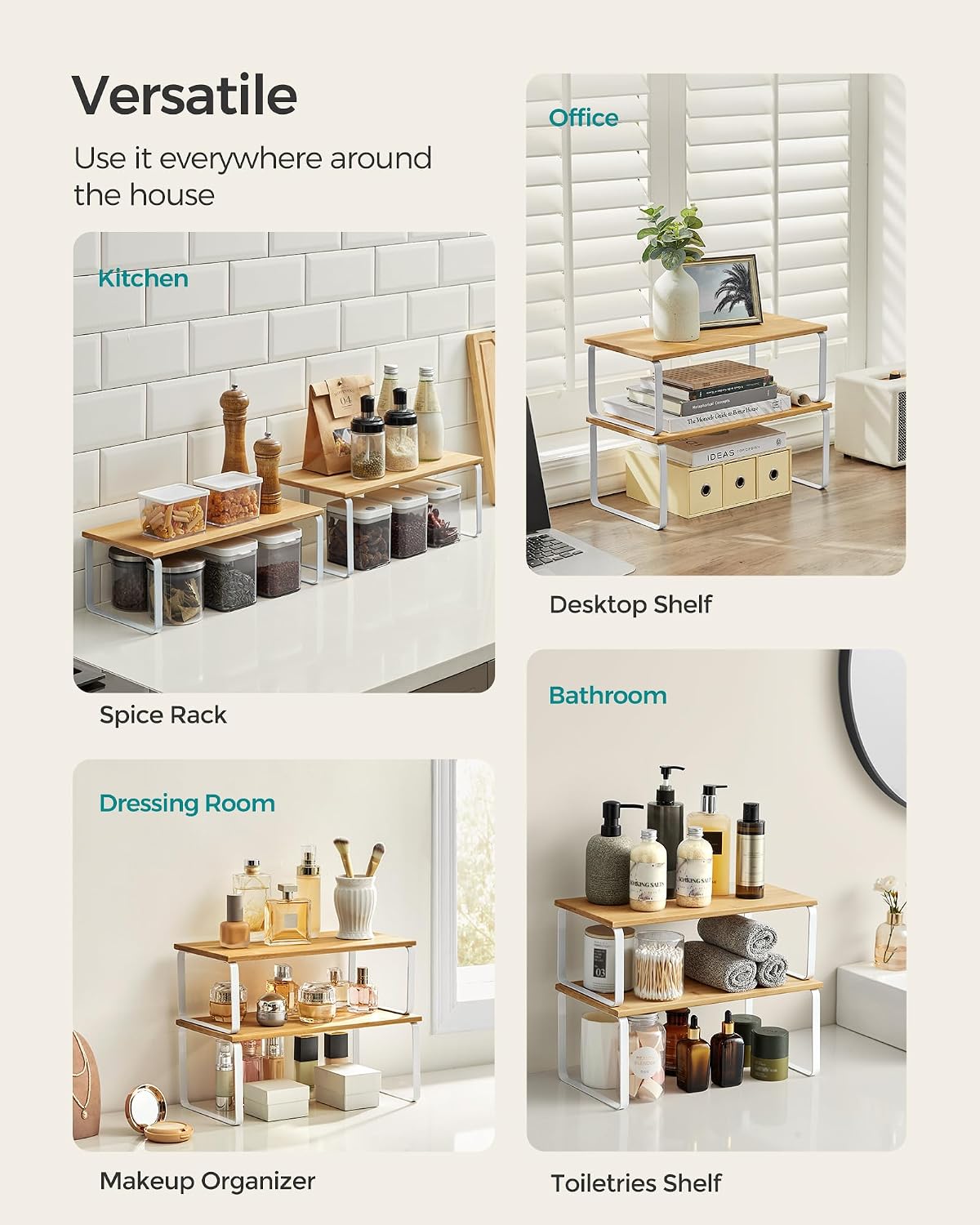 Cabinet Organizer Shelf, Set of 4 Spice Rack, Kitchen Storage | Kitchen Storage, Spice Rack, Steel and Bamboo, White and Yellow, BYSTRO Collection UKCS010N01
