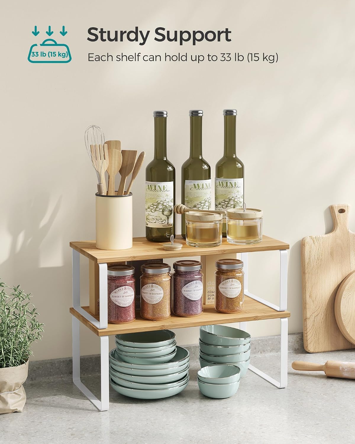 Cabinet Organizer Shelf, Set of 4 Spice Rack, Kitchen Storage | Kitchen Storage, Spice Rack, Steel and Bamboo, White and Yellow, BYSTRO Collection UKCS010N01