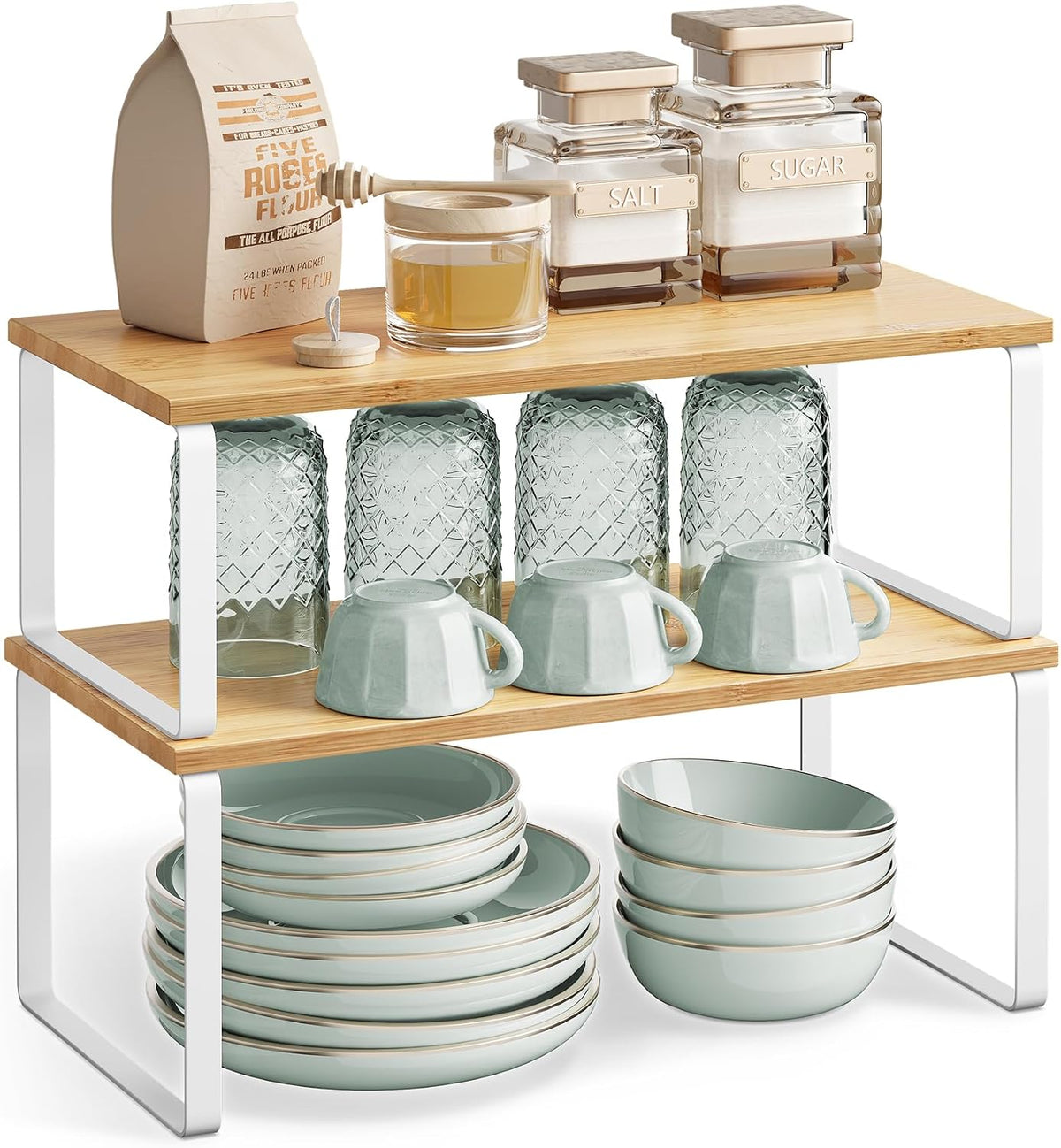Cabinet Organizer Shelf, Set of 4 Spice Rack, Kitchen Storage | Kitchen Storage, Spice Rack, Steel and Bamboo, White and Yellow, BYSTRO Collection UKCS010N01