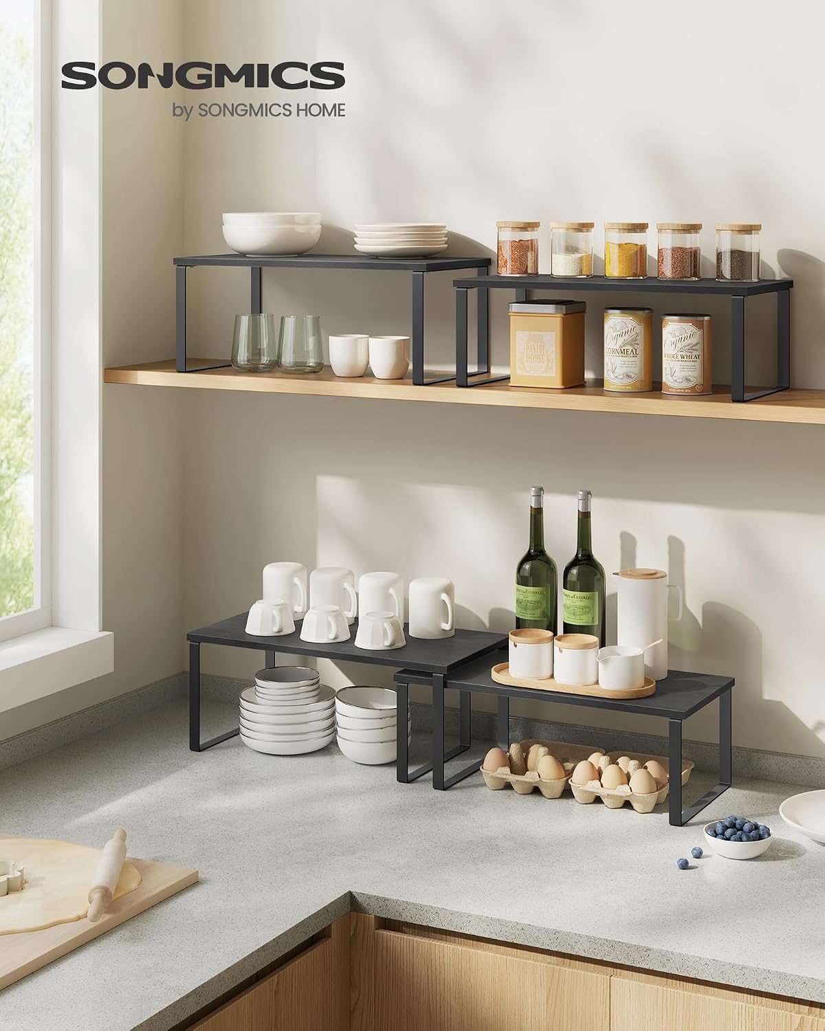 Cabinet Organizer Shelf, Set of 4 Spice Rack, Kitchen Storage | Kitchen Storage, Spice Rack, Steel and Bamboo, White and Yellow, BYSTRO Collection UKCS010N01