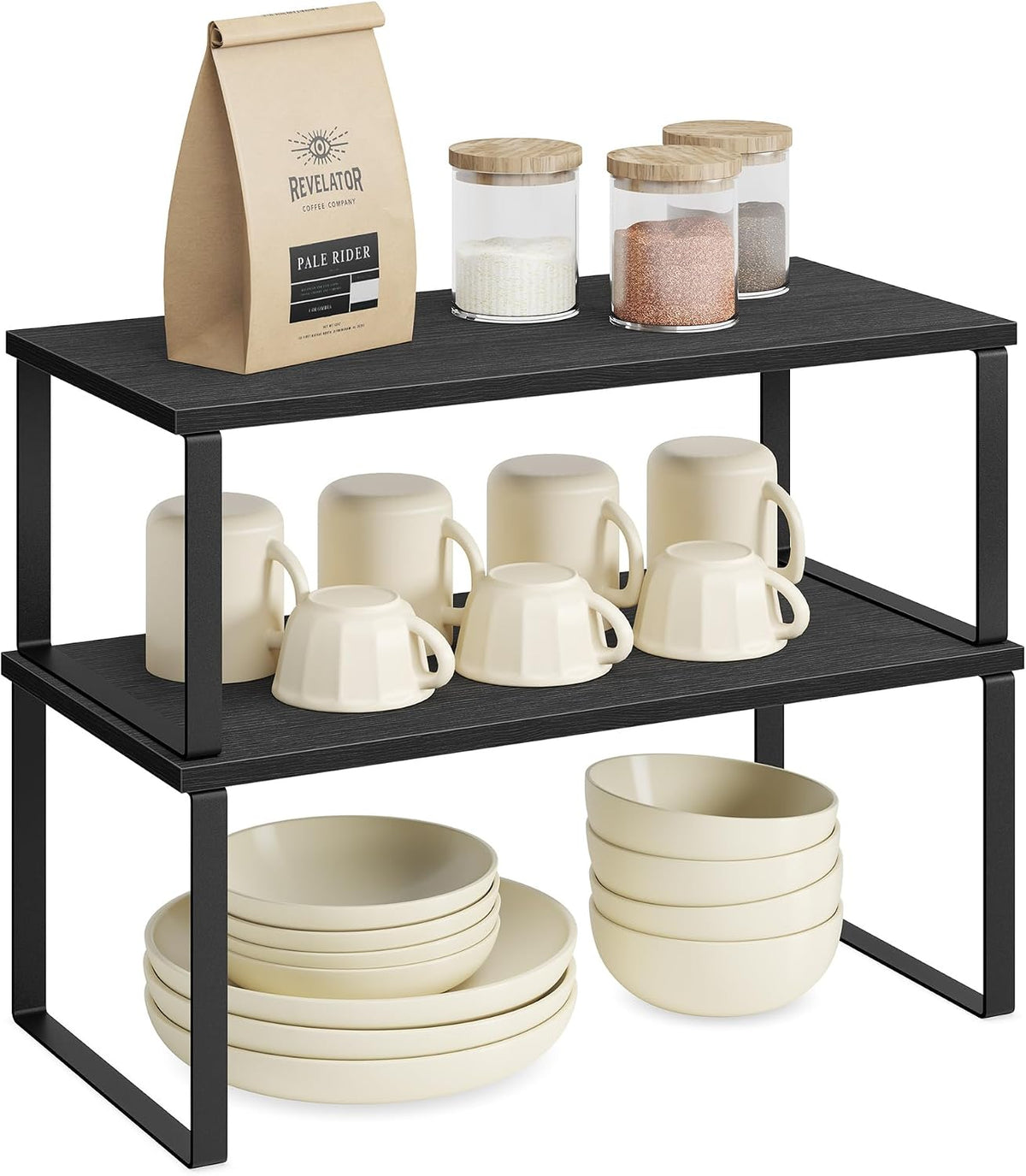 Cabinet Organizer Shelf, Set of 4 Spice Rack, Kitchen Storage | Kitchen Storage, Spice Rack, Steel and Bamboo, White and Yellow, BYSTRO Collection UKCS010N01