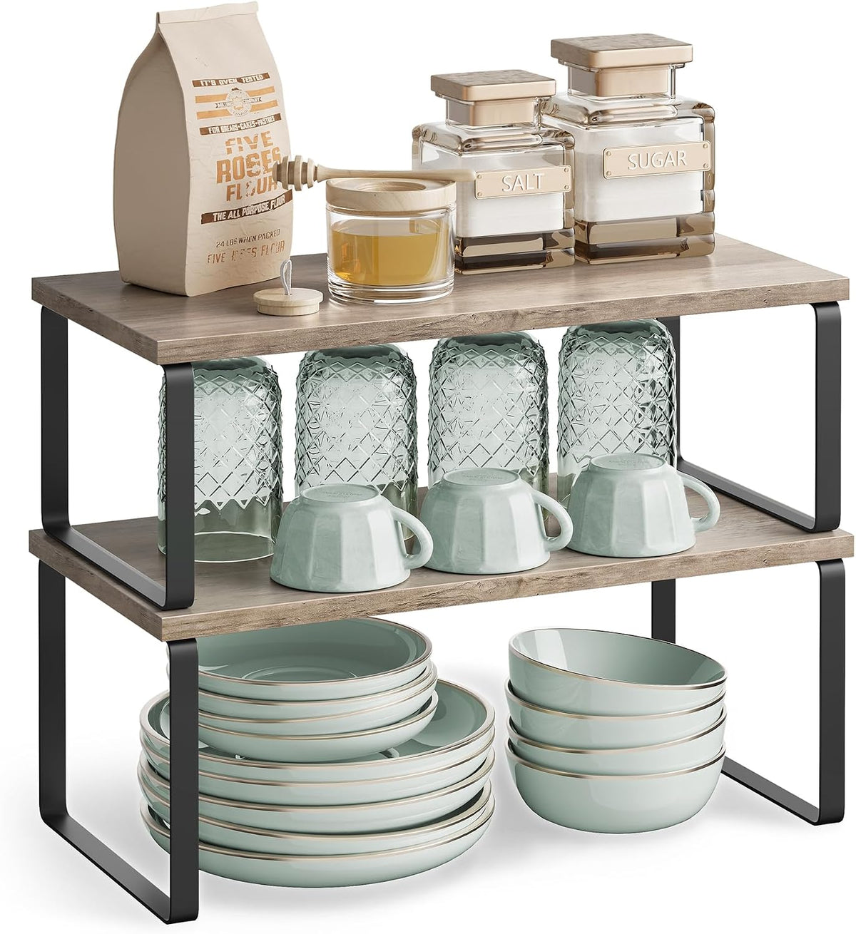 Cabinet Organizer Shelf, Set of 4 Spice Rack, Kitchen Storage | Kitchen Storage, Spice Rack, Steel and Bamboo, White and Yellow, BYSTRO Collection UKCS010N01