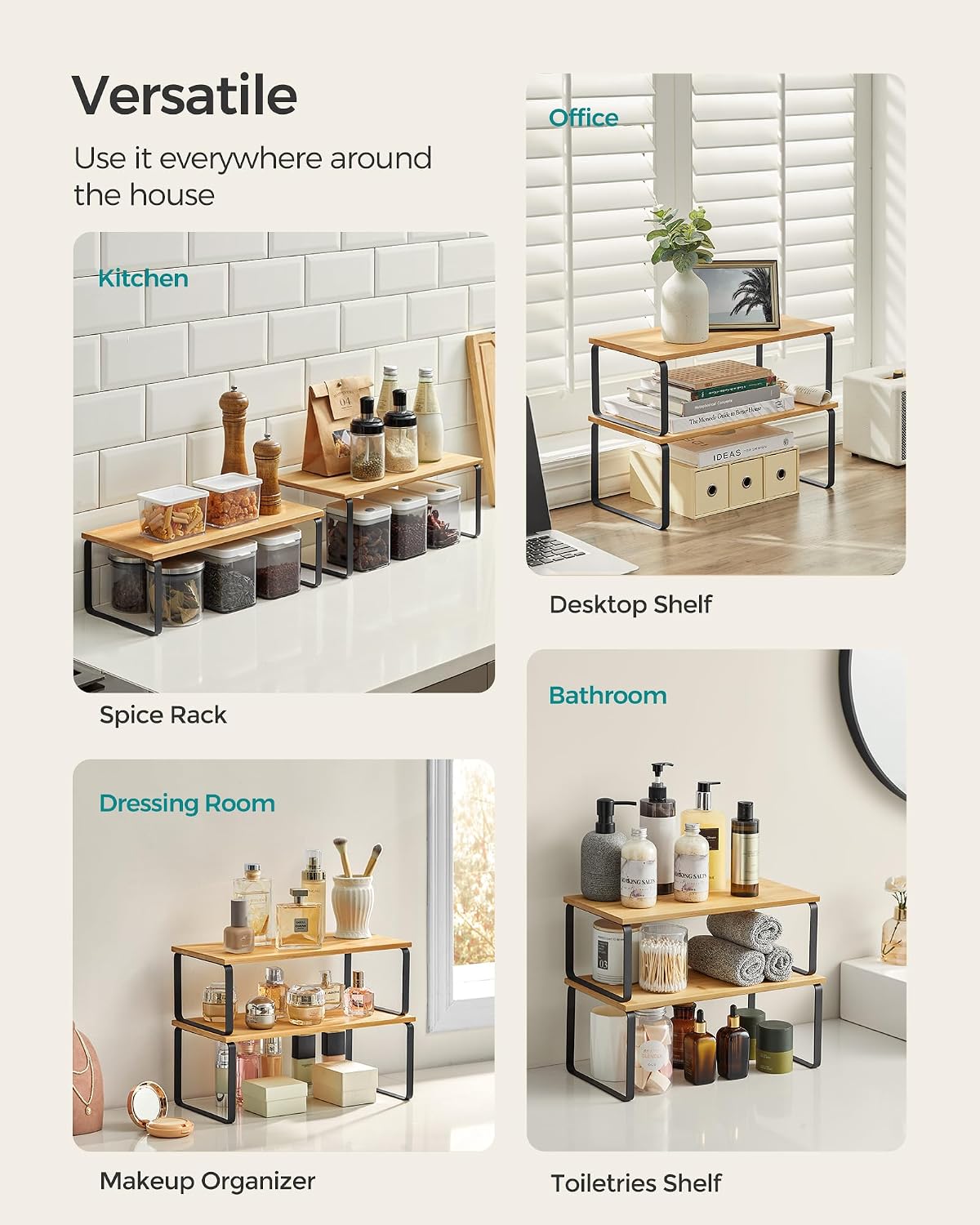 Cabinet Organizer Shelf, Set of 4 Spice Rack, Kitchen Storage | Kitchen Storage, Spice Rack, Steel and Bamboo, White and Yellow, BYSTRO Collection UKCS010N01
