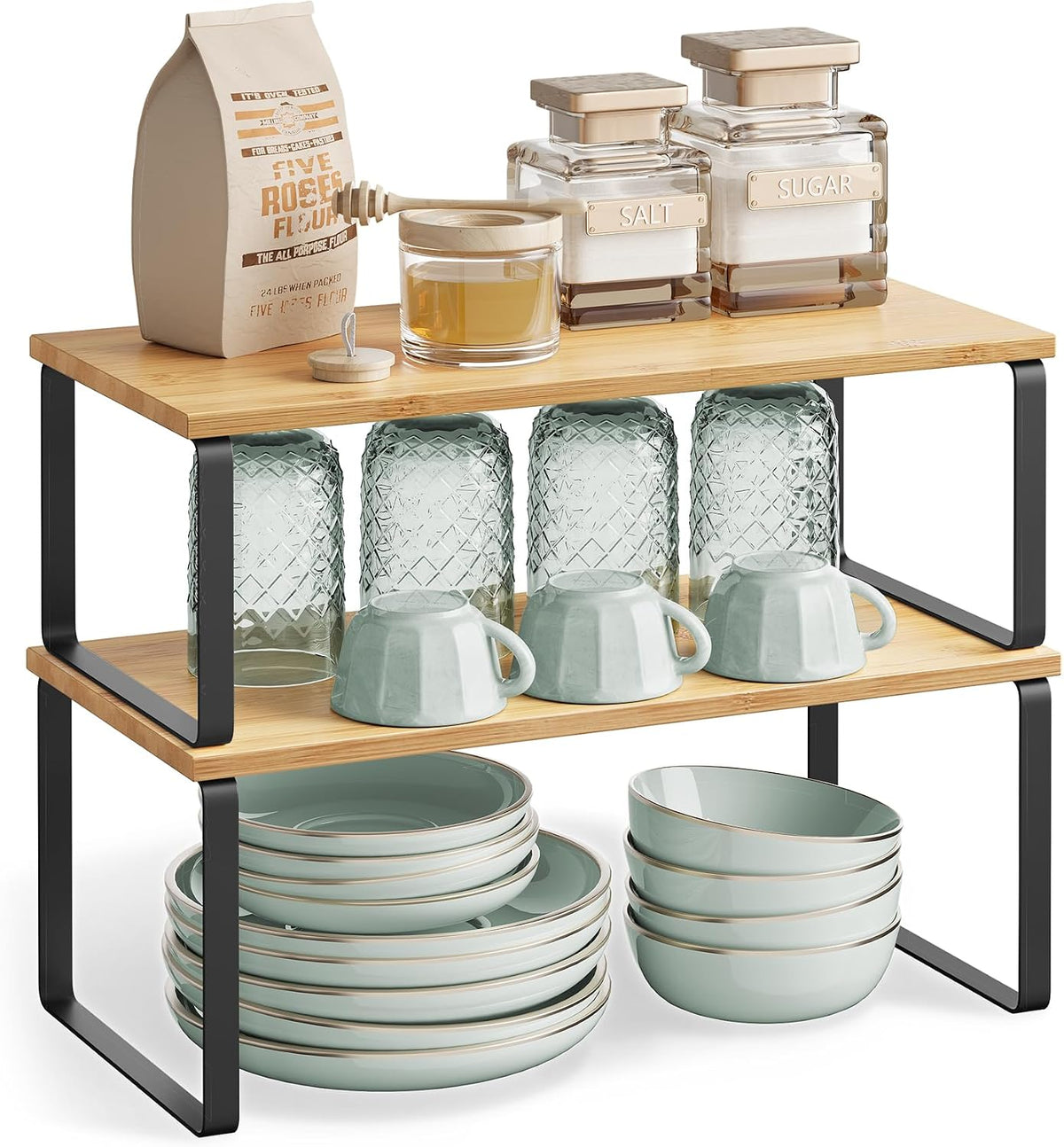 Cabinet Organizer Shelf, Set of 4 Spice Rack, Kitchen Storage | Kitchen Storage, Spice Rack, Steel and Bamboo, White and Yellow, BYSTRO Collection UKCS010N01