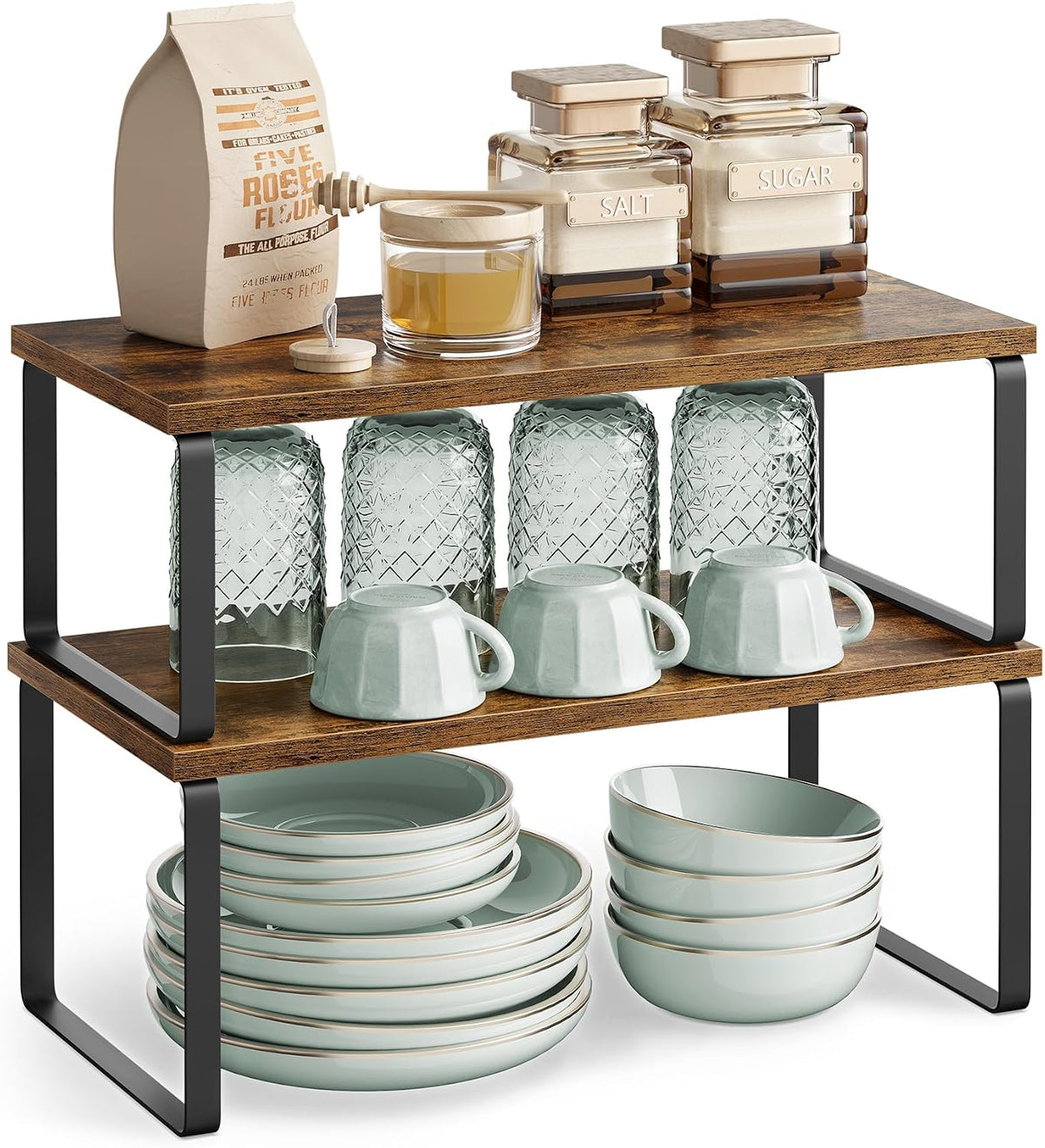 Cabinet Organizer Shelf, Set of 4 Spice Rack, Kitchen Storage | Kitchen Storage, Spice Rack, Steel and Bamboo, White and Yellow, BYSTRO Collection UKCS010N01