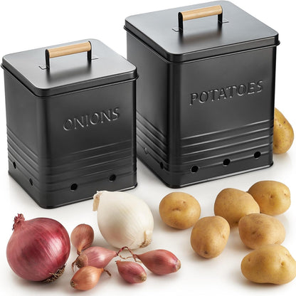 Beautiful Potato and Onion Storage Container Set, 10.1" & 8.9" - Perfectly Sized Spacious Canisters For Your Kitchen Counter Or Pantry - Food Safe Metal Bins Keep Produce Fresh Longer