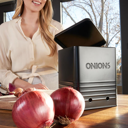 Beautiful Potato and Onion Storage Container Set, 10.1" & 8.9" - Perfectly Sized Spacious Canisters For Your Kitchen Counter Or Pantry - Food Safe Metal Bins Keep Produce Fresh Longer