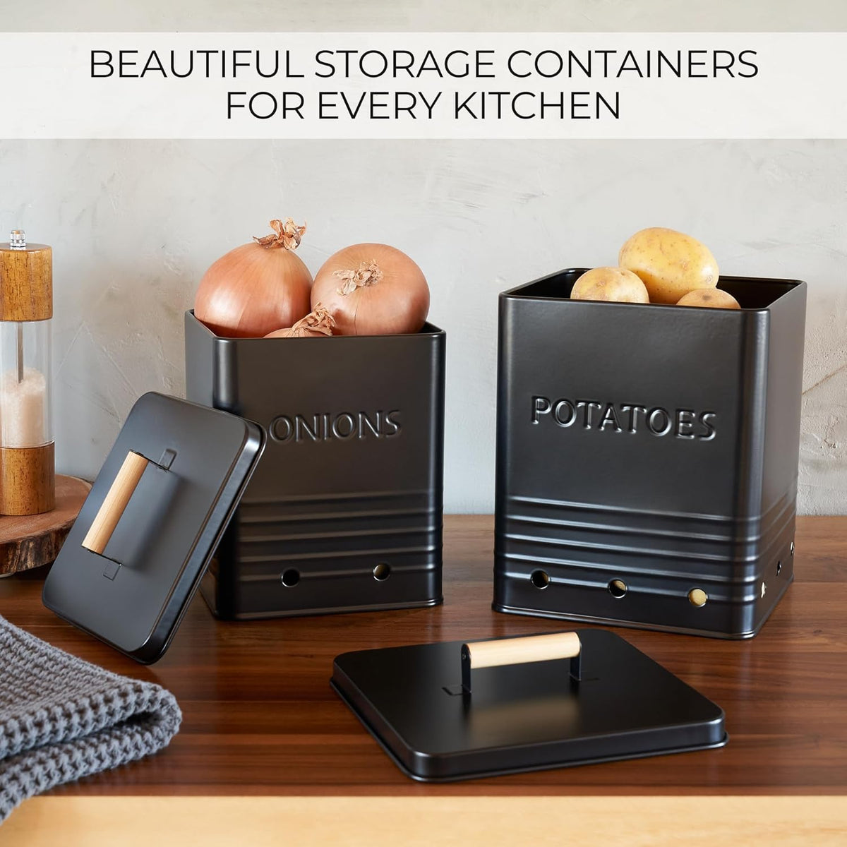 Beautiful Potato and Onion Storage Container Set, 10.1" & 8.9" - Perfectly Sized Spacious Canisters For Your Kitchen Counter Or Pantry - Food Safe Metal Bins Keep Produce Fresh Longer