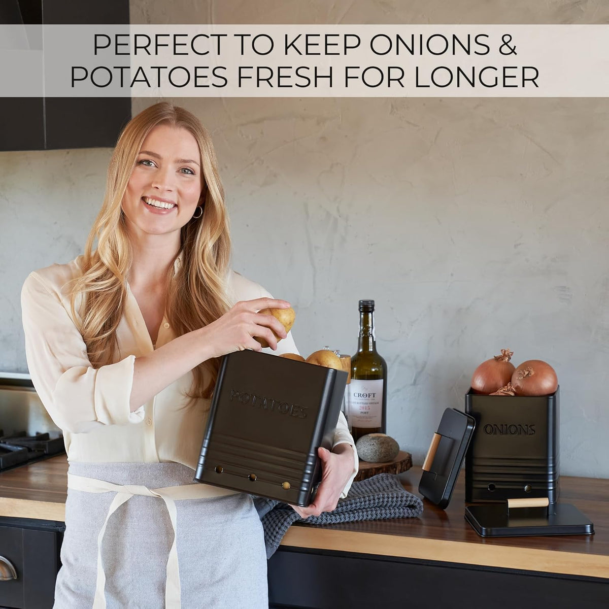 Beautiful Potato and Onion Storage Container Set, 10.1" & 8.9" - Perfectly Sized Spacious Canisters For Your Kitchen Counter Or Pantry - Food Safe Metal Bins Keep Produce Fresh Longer