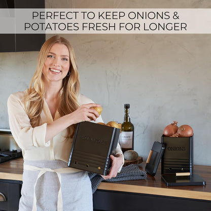 Beautiful Potato and Onion Storage Container Set, 10.1" & 8.9" - Perfectly Sized Spacious Canisters For Your Kitchen Counter Or Pantry - Food Safe Metal Bins Keep Produce Fresh Longer