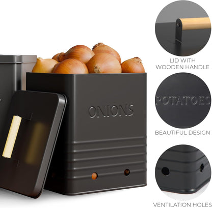 Beautiful Potato and Onion Storage Container Set, 10.1" & 8.9" - Perfectly Sized Spacious Canisters For Your Kitchen Counter Or Pantry - Food Safe Metal Bins Keep Produce Fresh Longer