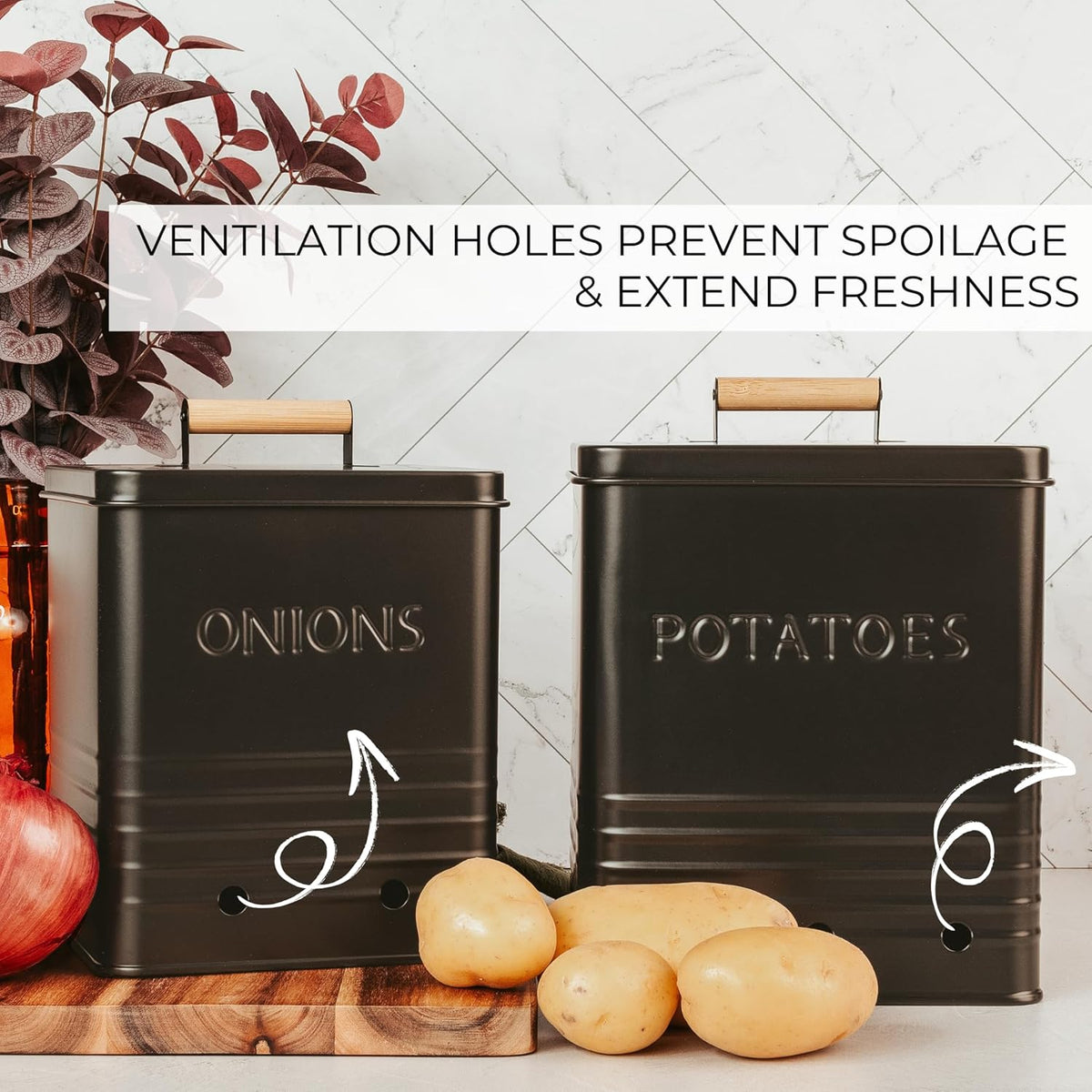 Beautiful Potato and Onion Storage Container Set, 10.1" & 8.9" - Perfectly Sized Spacious Canisters For Your Kitchen Counter Or Pantry - Food Safe Metal Bins Keep Produce Fresh Longer