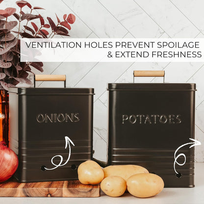 Beautiful Potato and Onion Storage Container Set, 10.1" & 8.9" - Perfectly Sized Spacious Canisters For Your Kitchen Counter Or Pantry - Food Safe Metal Bins Keep Produce Fresh Longer