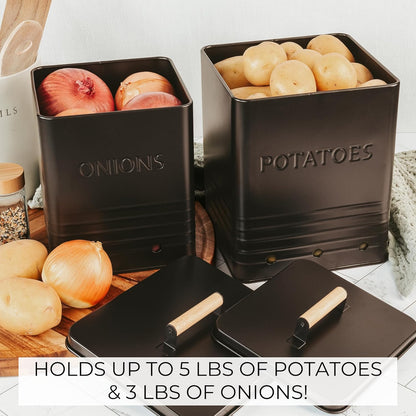 Beautiful Potato and Onion Storage Container Set, 10.1" & 8.9" - Perfectly Sized Spacious Canisters For Your Kitchen Counter Or Pantry - Food Safe Metal Bins Keep Produce Fresh Longer