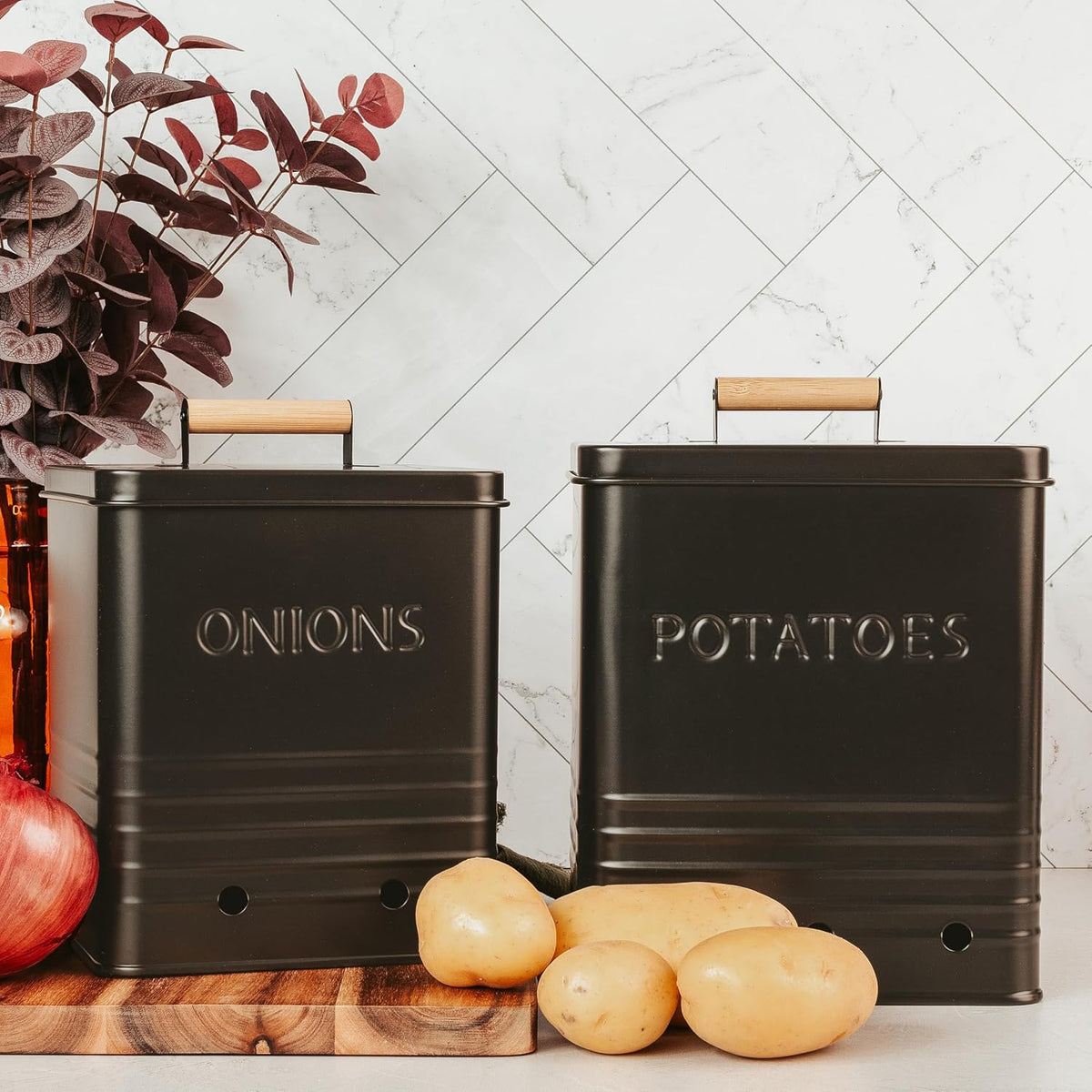 Beautiful Potato and Onion Storage Container Set, 10.1" & 8.9" - Perfectly Sized Spacious Canisters For Your Kitchen Counter Or Pantry - Food Safe Metal Bins Keep Produce Fresh Longer
