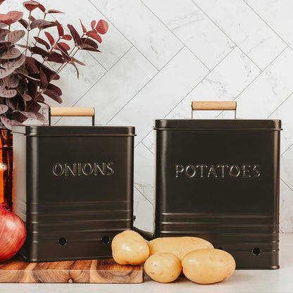 Beautiful Potato and Onion Storage Container Set, 10.1" & 8.9" - Perfectly Sized Spacious Canisters For Your Kitchen Counter Or Pantry - Food Safe Metal Bins Keep Produce Fresh Longer