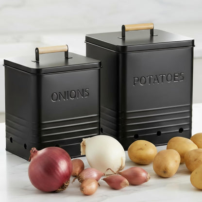 Beautiful Potato and Onion Storage Container Set, 10.1" & 8.9" - Perfectly Sized Spacious Canisters For Your Kitchen Counter Or Pantry - Food Safe Metal Bins Keep Produce Fresh Longer