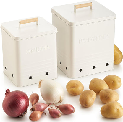 Beautiful Potato and Onion Storage Container Set, 10.1" & 8.9" - Perfectly Sized Spacious Canisters For Your Kitchen Counter Or Pantry - Food Safe Metal Bins Keep Produce Fresh Longer