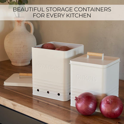 Beautiful Potato and Onion Storage Container Set, 10.1" & 8.9" - Perfectly Sized Spacious Canisters For Your Kitchen Counter Or Pantry - Food Safe Metal Bins Keep Produce Fresh Longer
