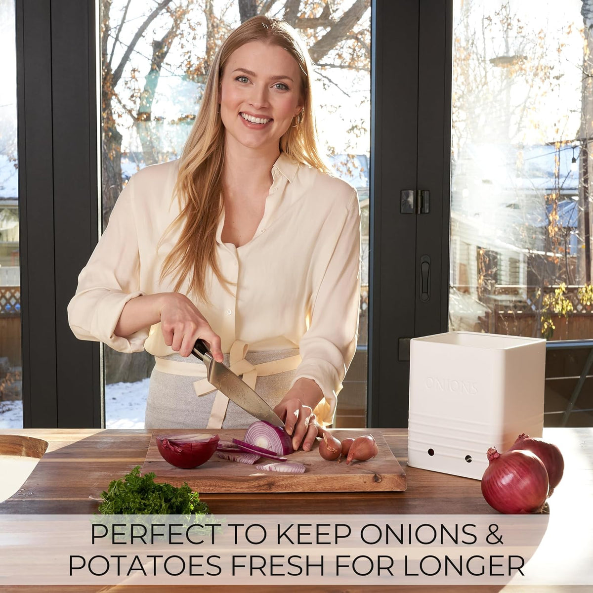 Beautiful Potato and Onion Storage Container Set, 10.1" & 8.9" - Perfectly Sized Spacious Canisters For Your Kitchen Counter Or Pantry - Food Safe Metal Bins Keep Produce Fresh Longer