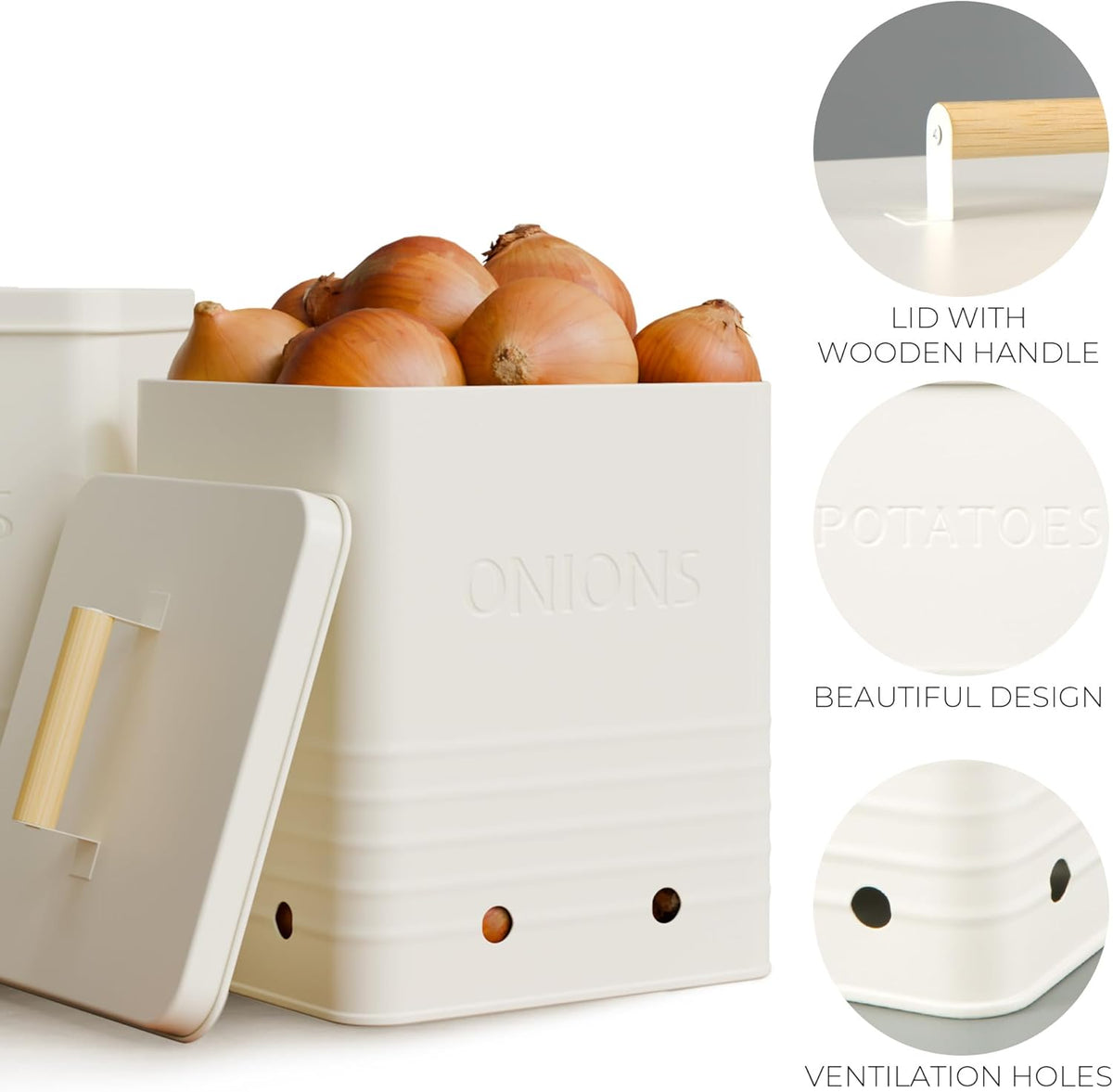 Beautiful Potato and Onion Storage Container Set, 10.1" & 8.9" - Perfectly Sized Spacious Canisters For Your Kitchen Counter Or Pantry - Food Safe Metal Bins Keep Produce Fresh Longer