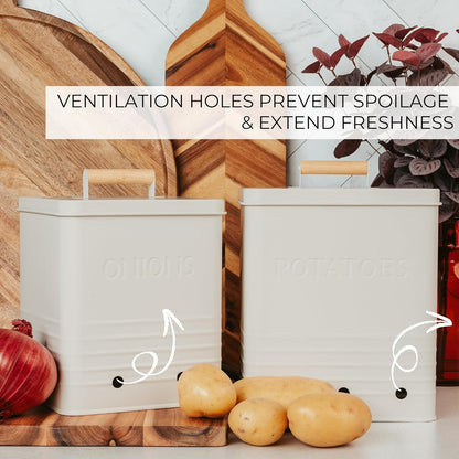 Beautiful Potato and Onion Storage Container Set, 10.1" & 8.9" - Perfectly Sized Spacious Canisters For Your Kitchen Counter Or Pantry - Food Safe Metal Bins Keep Produce Fresh Longer